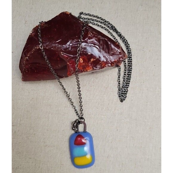 Modernist Modern Art Glass Pendant Charm Necklace Eclectic 30" Gunmetal Chain - Picture 3 of 8